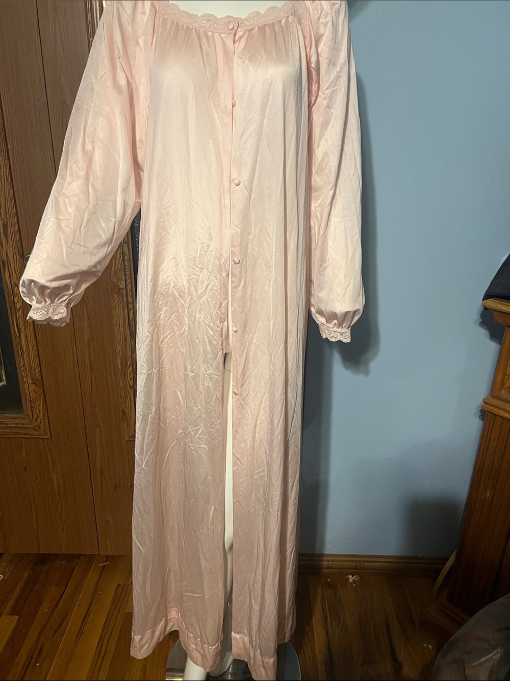 Olga Peach Long Satin Button-Front Nightgown with Lace Trim
